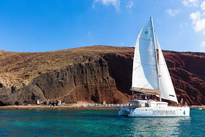 Santorini Classic Catamaran Cruise with BBQ, Drinks and Transfers